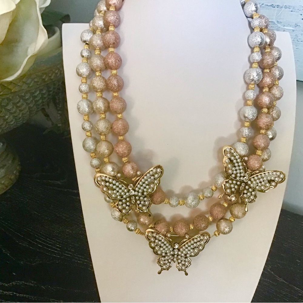 Chic Gold and Silver Beaded Necklace with Butterfly Charms